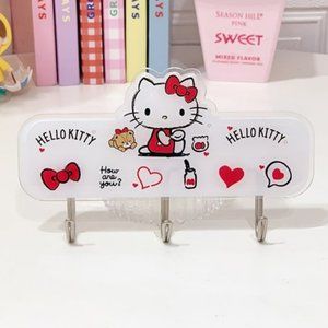 Sanrio Hello Kitty Adhesive Wall 3 Hooks Kitty Heads White & Red